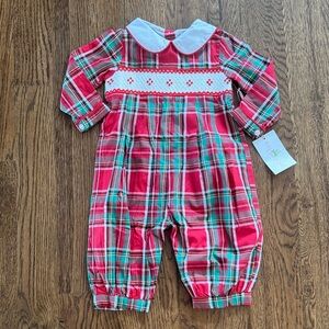 Red and Green Plaid Smocked Baby Romper with White Collar